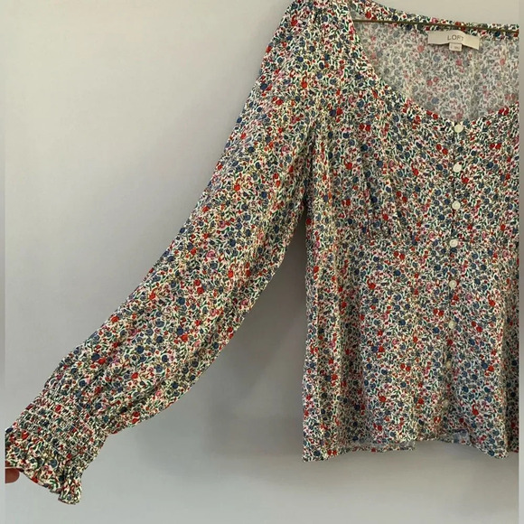 Loft Floral Funky Multi Color Blouse Long Sleeve Top Bell Bottom Sleeves Size S - Picture 3 of 4